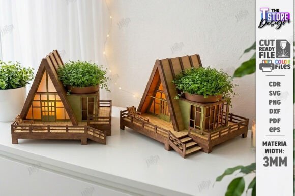 3D laser cut A-frame cabin night light made from wood