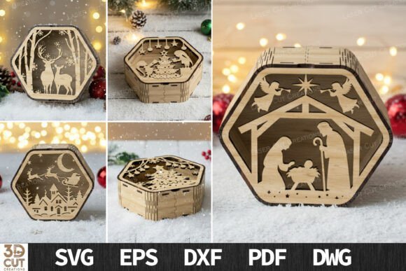 3D Christmas laser cut box bundle with Santa Nativity tree and woodland scenes