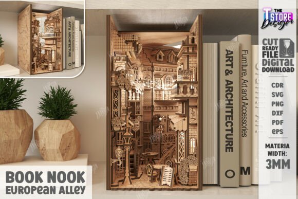 European Alley wooden book nook with miniature street buildings, shown between books