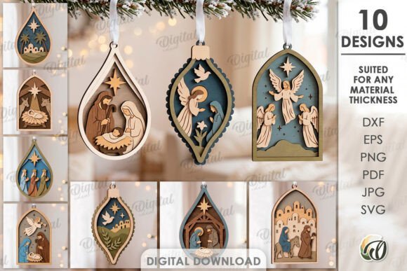 3D nativity laser cut ornaments with layered Christmas scenes