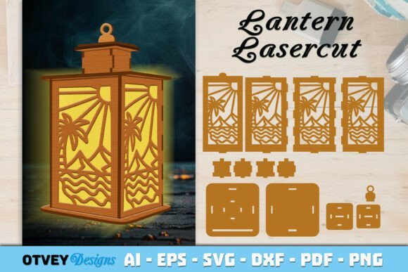 Laser cut beach sunset lantern with layered coastal scene