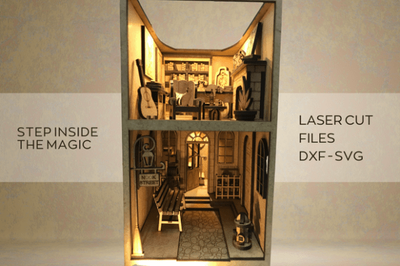 Multilayer book nook SVG laser cut design with miniature bookshelf scene