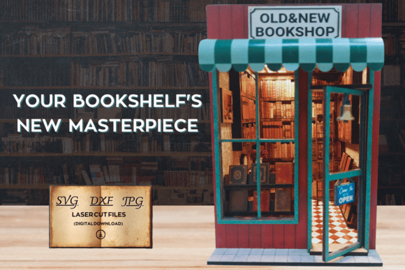 Laser cut bookshop book nook SVG with miniature bookstore scene