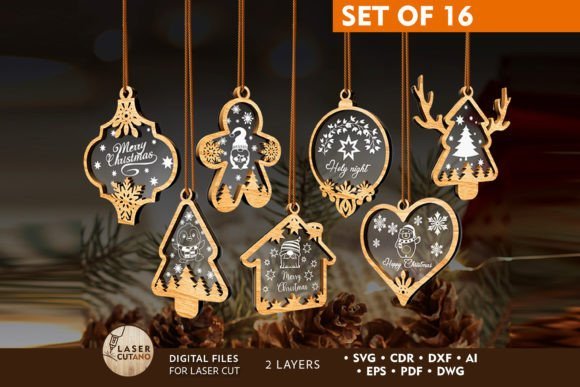Multilayer Christmas ornament set with dimensional wooden holiday designs