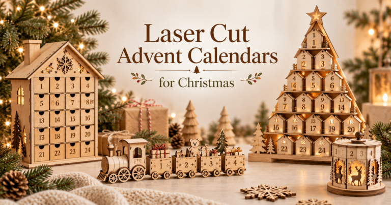 Laser cut Advent calendars with wooden houses train and Christmas countdown designs