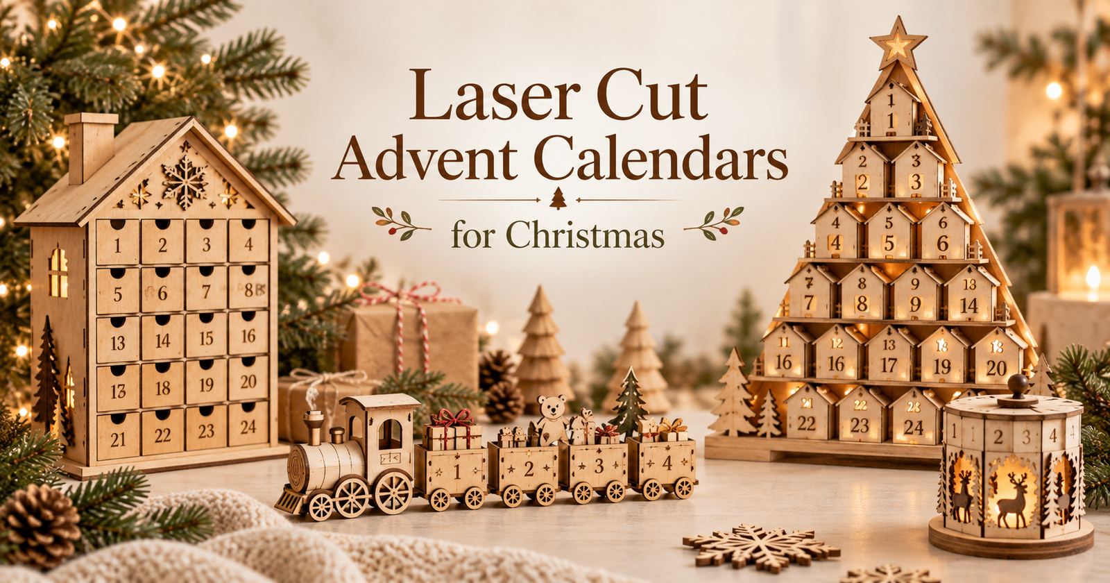 Laser cut Advent calendars with wooden houses train and Christmas countdown designs