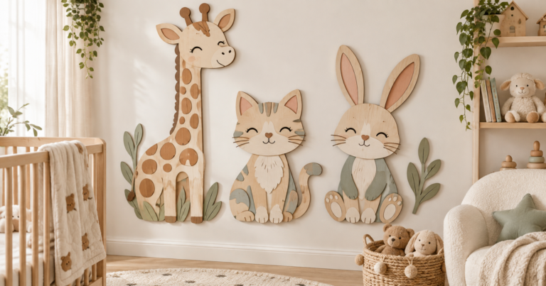 Layered animal laser cut files for kids rooms with giraffe, cat and bunny wall decor