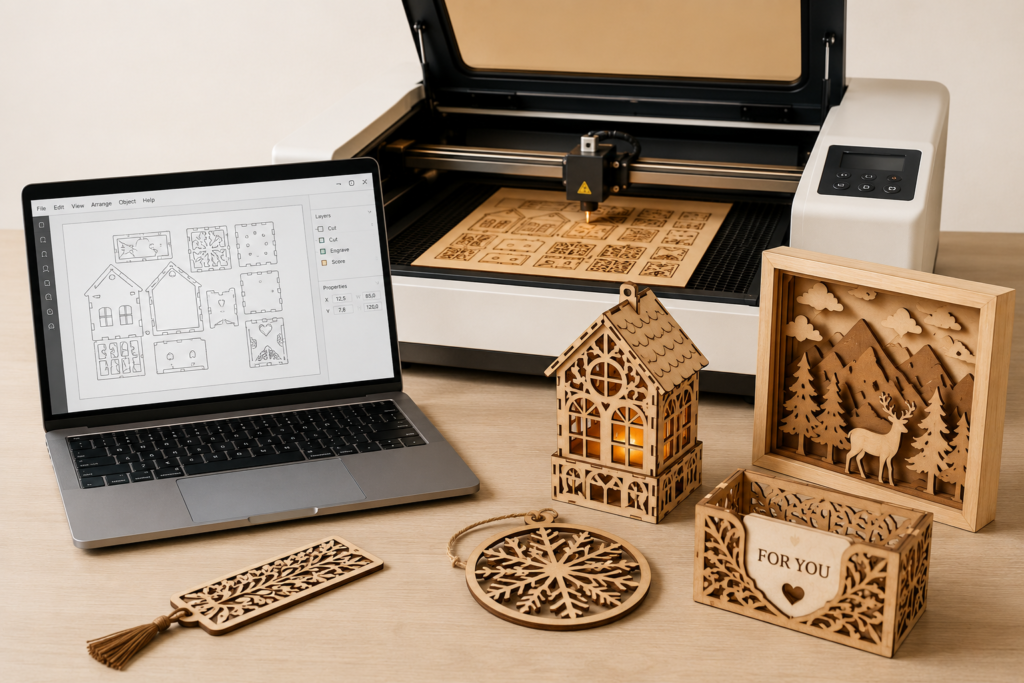 Laser cutter with SVG files and assembled wooden laser-cut projects