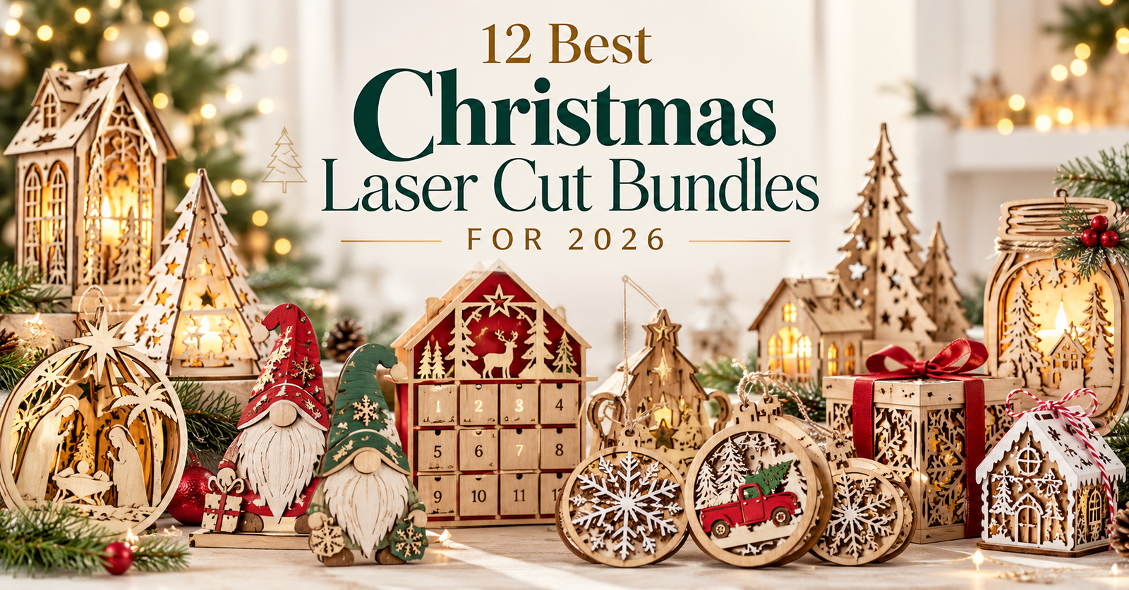 Christmas laser cut bundles with wooden ornaments lanterns gnomes Advent calendar and holiday decor