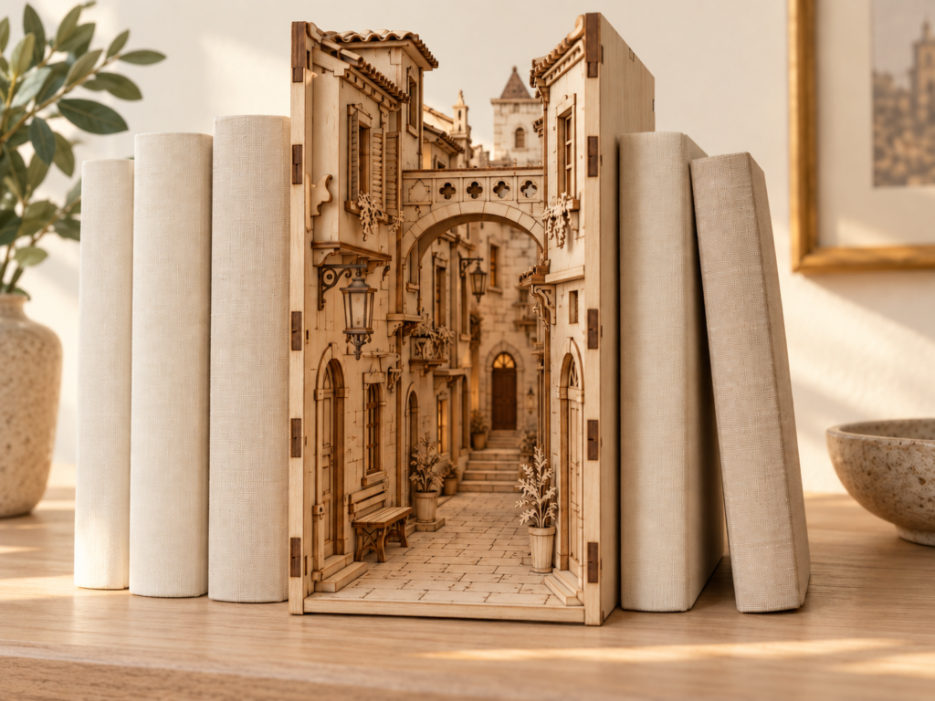 Wooden book nook with a miniature library between books