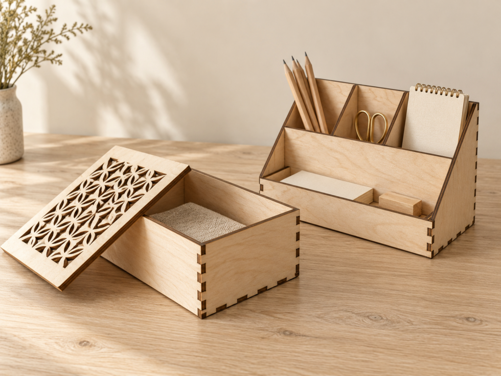 Laser-cut wooden box with a decorative lid and a desk organizer