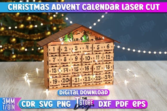 Christmas gift box laser cut Advent calendar with engraved holiday details