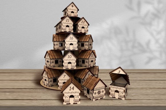 Laser cut Christmas Advent calendar with individual numbered wooden houses