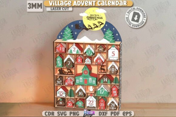 Christmas village laser cut Advent calendar with engraved and cut wooden details