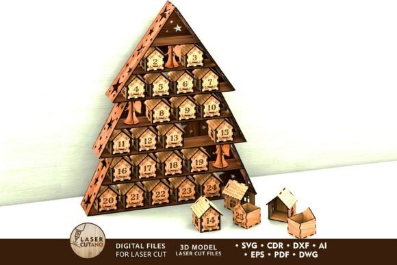Laser cut Christmas Advent calendar tree with 25 wooden houses