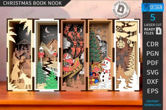 Christmas book nook SVG bundle with laser cut winter bookshelf scenes
