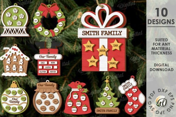 Personalized family Christmas ornament bundle for laser cutting