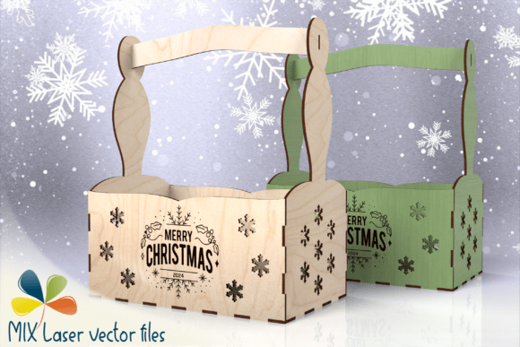 Christmas gift basket laser cut SVG with snowflake cutouts and Merry Christmas engraving