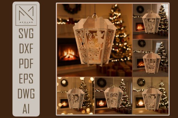 Christmas hanging lantern laser cut SVG with layered festive panels