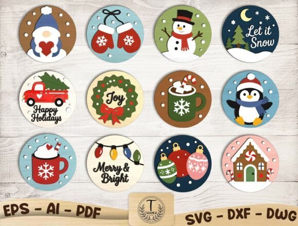 Christmas laser cut ornament SVG bundle with 12 layered holiday designs