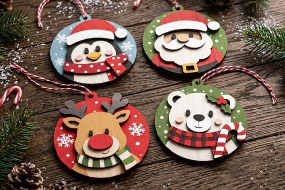 Cute Christmas character laser cut ornaments for a family tree