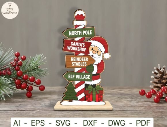 Christmas Santa shelf sitter laser cut SVG with North Pole directional signs