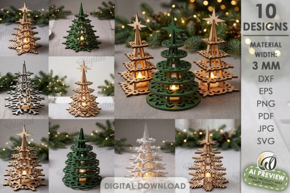 Laser cut Christmas tree candle holders in wood