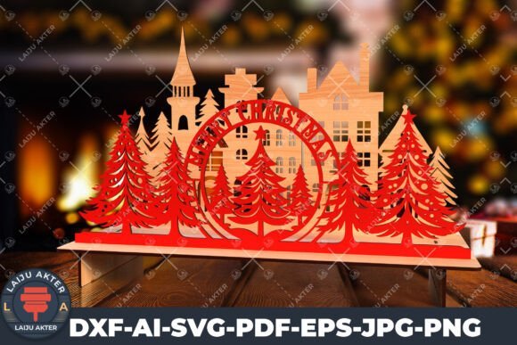 Christmas village laser cut SVG with houses and winter scene