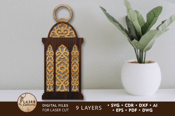 Multilayer laser cut decorative lantern with detailed wood pattern