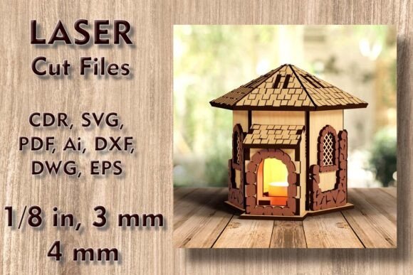 Laser cut wooden house night light with glowing windows