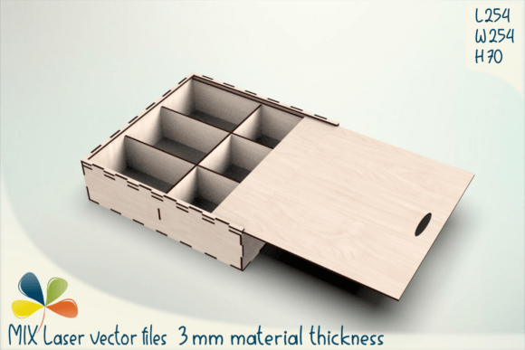 Laser cut box with six compartments and sliding lid for small items