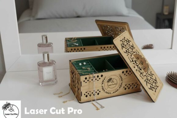 Decorative laser cut storage box with geometric lid and handle