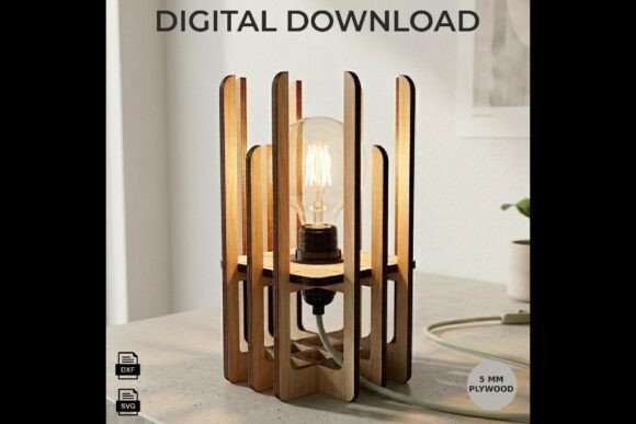Geometric wooden laser cut lamp with decorative cutout pattern