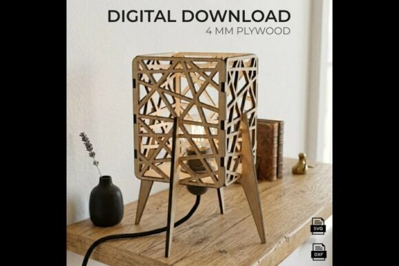 Modern geometric laser cut table lamp made from plywood