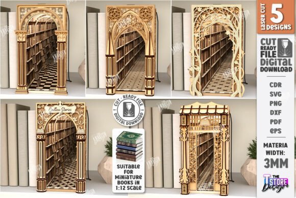 Five decorative variations of a wooden library book nook with an infinity mirror effect