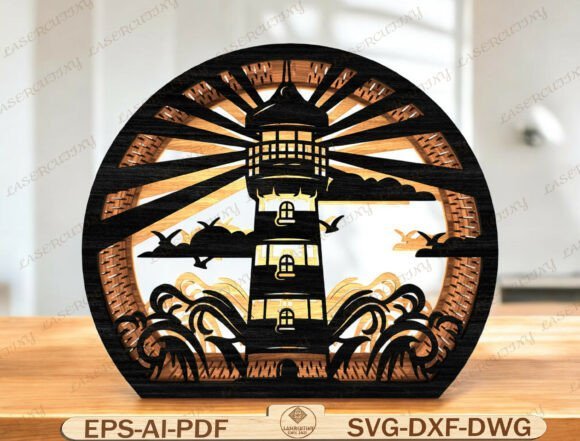 Laser cut lighthouse lantern with coastal layered design