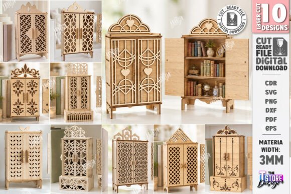 Miniature cabinet book nook SVG bundle with wooden library shelves