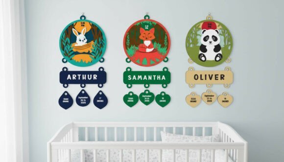 Layered woodland animal nursery decor with bunny, fox and panda laser cut designs