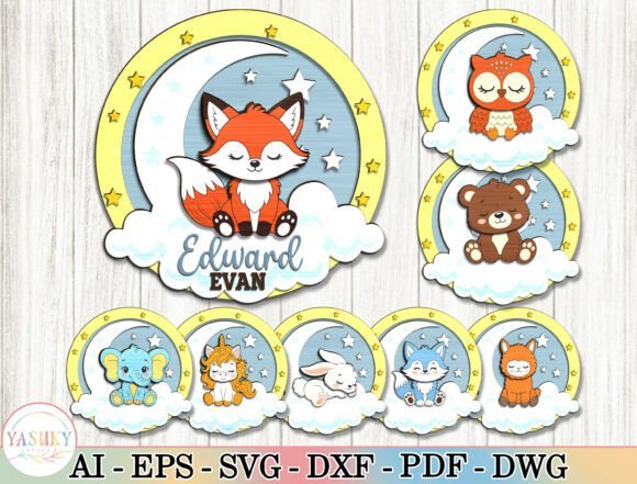 Layered nursery name sign bundle with fox, owl, bear, bunny and other animal designs