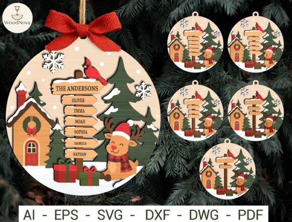 Personalized Christmas laser cut ornament SVG with family name signpost