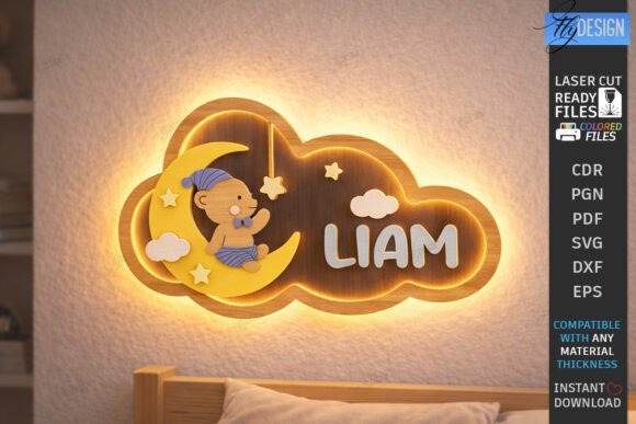 Personalized laser cut cloud night light for kids room decor