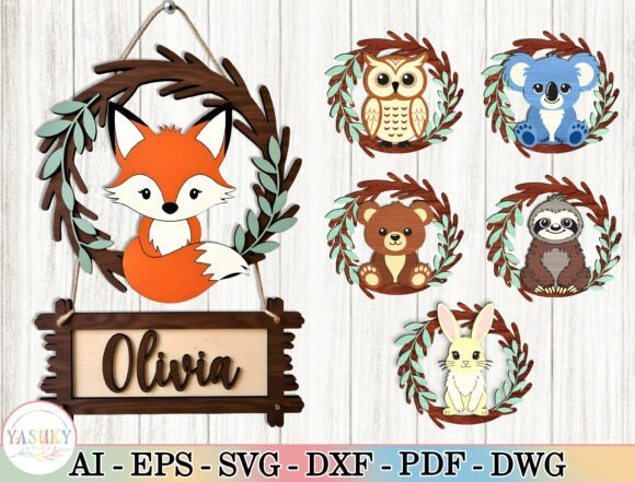 Personalized kids name sign laser cut bundle with fox, owl, koala, bear, sloth and bunny designs