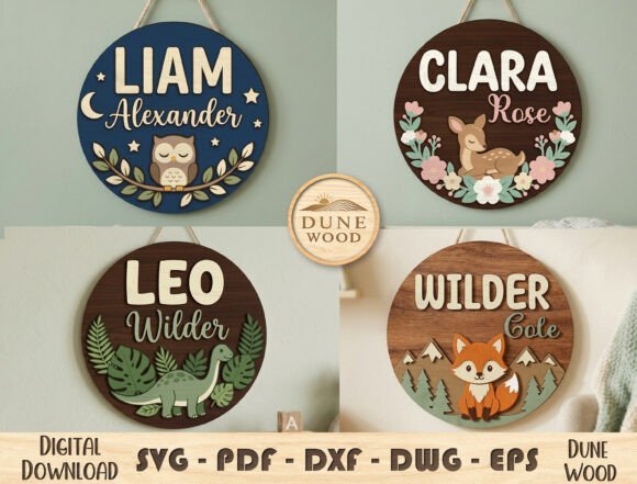Personalized layered nursery name sign with animal-themed laser cut details