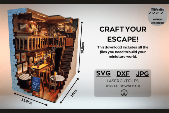 Laser cut pub book nook SVG with miniature wooden interior