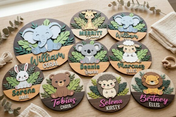 Layered safari animal baby name sign laser cut file with cute nursery animals