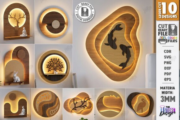 Layered laser cut LED wall light with nature-inspired wood art