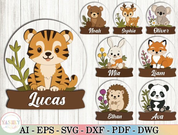 Woodland animal name sign SVG bundle with layered nursery animal designs