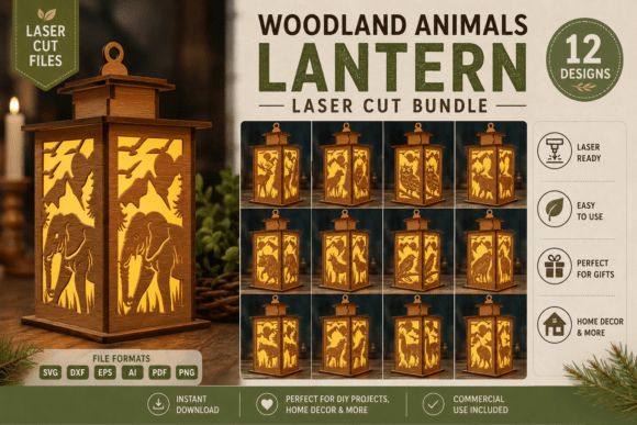 Laser cut woodland animals lantern with nature scene