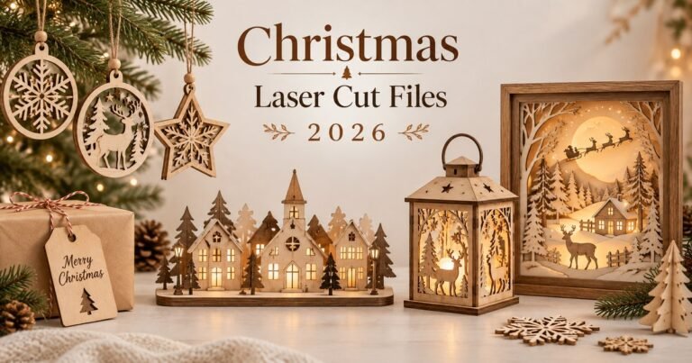 Christmas laser cut files and projects with ornaments, village, lantern and layered light box