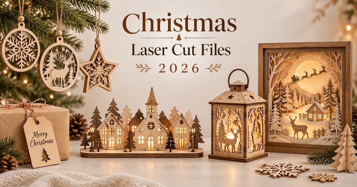 Christmas laser cut files and projects with ornaments, village, lantern and layered light box